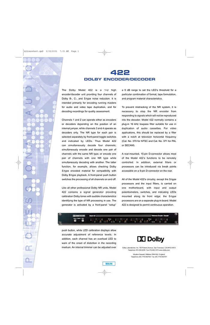 DOLBY 422 DATASHEET 2001 (PDF)