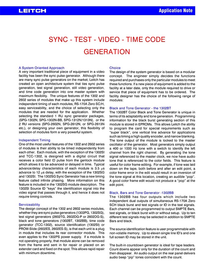 LEITCH TRATTATO "SYNK-TEST-VIDEO-TIME CODE GENERATION - APPLICATI