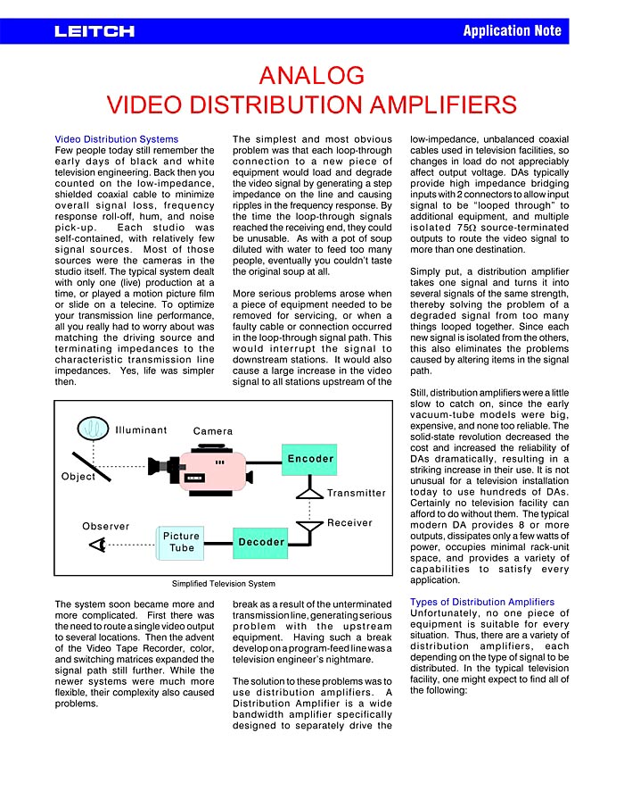 LEITCH TRATTATO "APPLICATION NOTE : ANALOG VIDEO DISTRIBUTION AMP