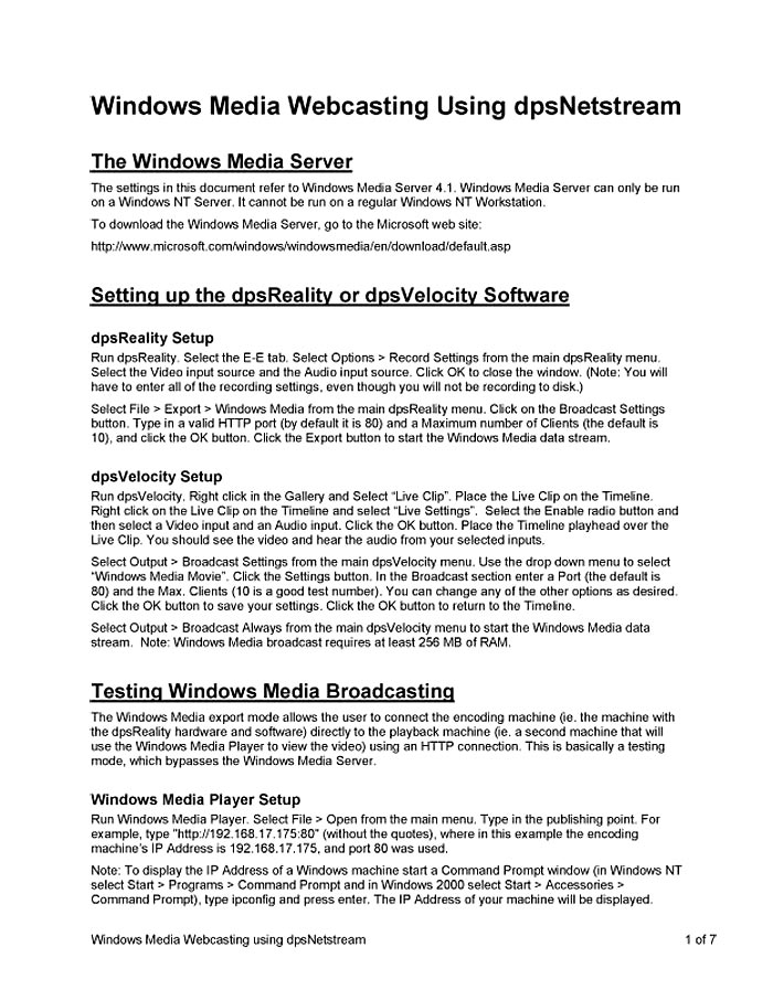 LEITCH TRATTATO "WINDOWS MEDIA WEBCASTING USING DPSNETSTREAM