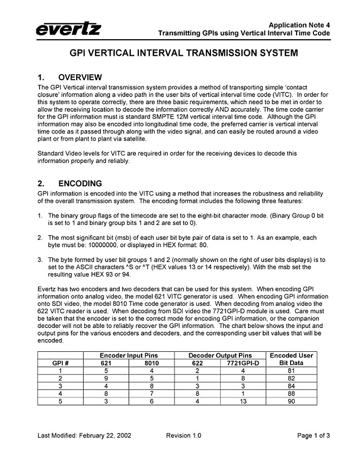 EVERTZ TRATTATO "GPI VERTICAL INTERVAL TRANSMISSION SYSTEM (PDF)