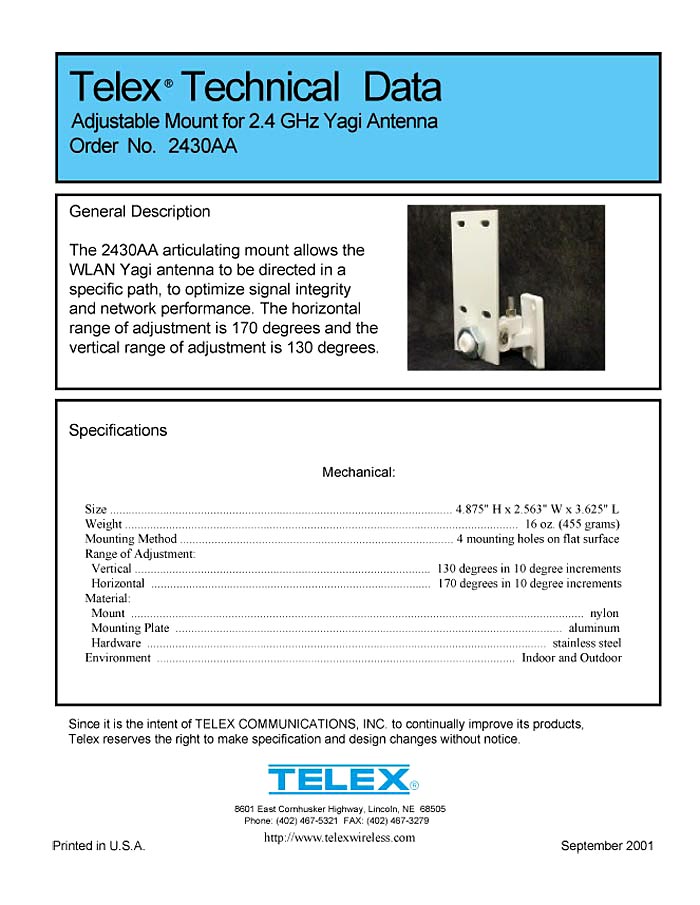 TELEX 2430AA TECHNICAL DATA 2001/09 (PDF)