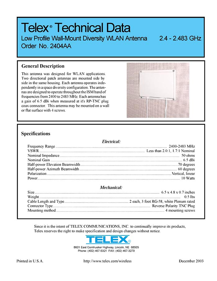 TELEX 2404AA TECHNICAL DATA 2003/12 (PDF)