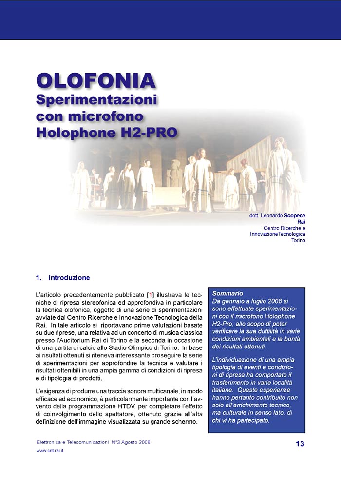HOLOPHONE : RAI ARTICOLO SPERIMENTALE APPLICAZIONE HOLOPHONE