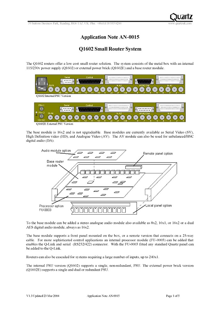 QUARTZ/EVERTZ TRATTATO "AN0015 Q1602 SMALL ROUTER SYSTEM