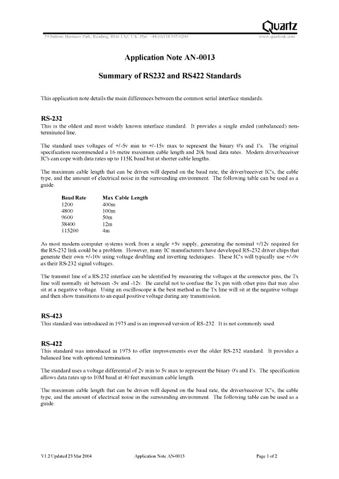 QUARTZ/EVERTZ TRATTATO "AN0013 SUMMARY OF RS232 AND RS422 ...