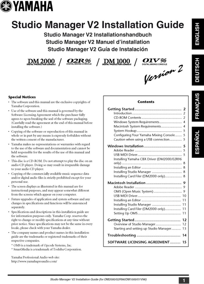 YAMAHA STUDIO MANAGER V.2 INSTALL.GUIDE GB/FR/ES/DE (PDF)