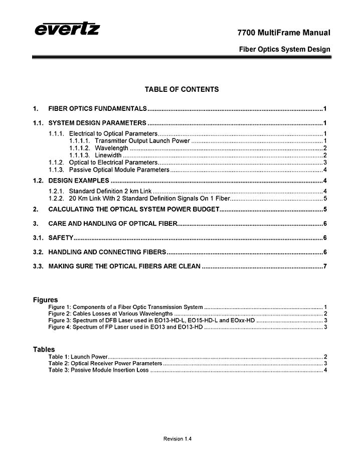EVERTZ 7700 SERIES : FIBER OPTICS SYSTEM DESIGN V.1.4/2001-02(PDF