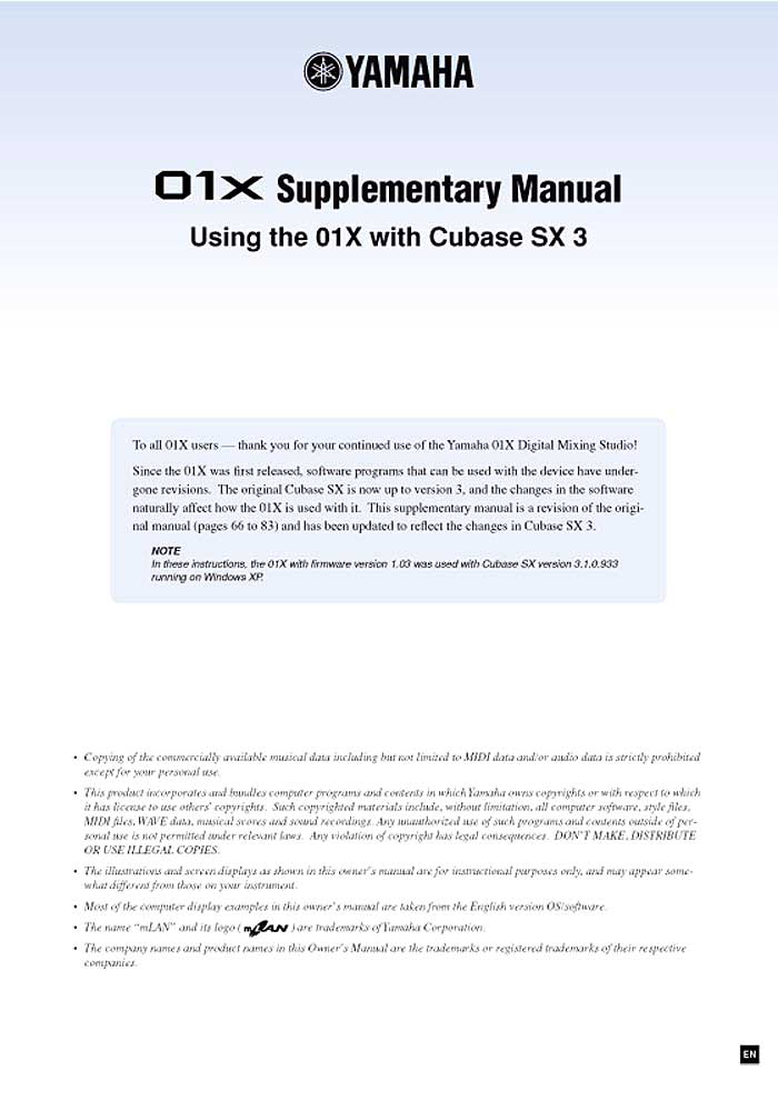 YAMAHA 01X SUPPLEMENTARY MANUAL FOR CUBASE SX3 (PDF)