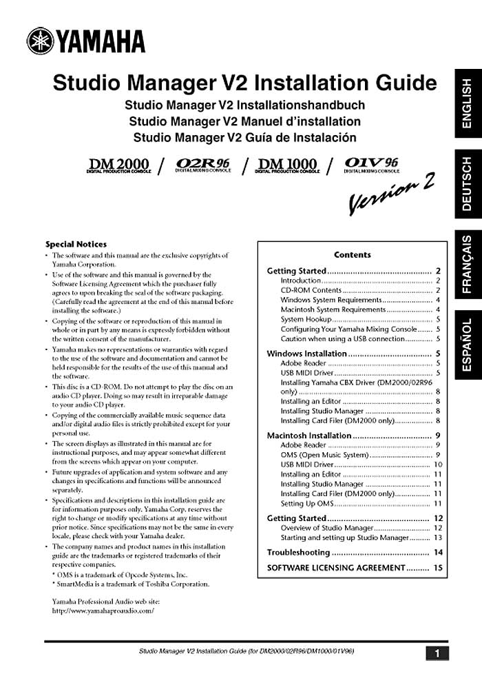 YAMAHA STUDIO MANAGER V2 INSTALL.GUIDE GB/FR/ES/DE (PDF)