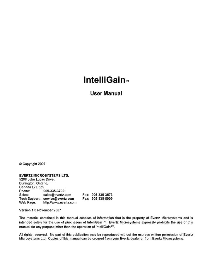 EVERTZ INTELLIGAIN USER MANUAL V.1.0.0 2007/11 PDF)