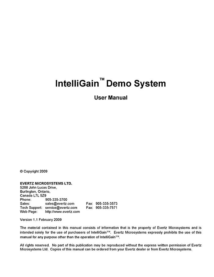 EVERTZ INTELLIGAIN DEMO SYSTEM USER MANUAL V.1.1 2009/02 (PDF)