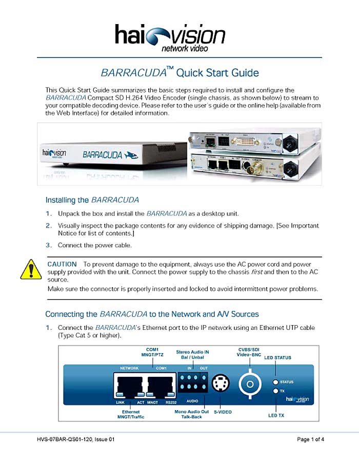HAIVISION BARRACUDA QUICK START GUIDE V.1.2.0 IS.1 (PDF)