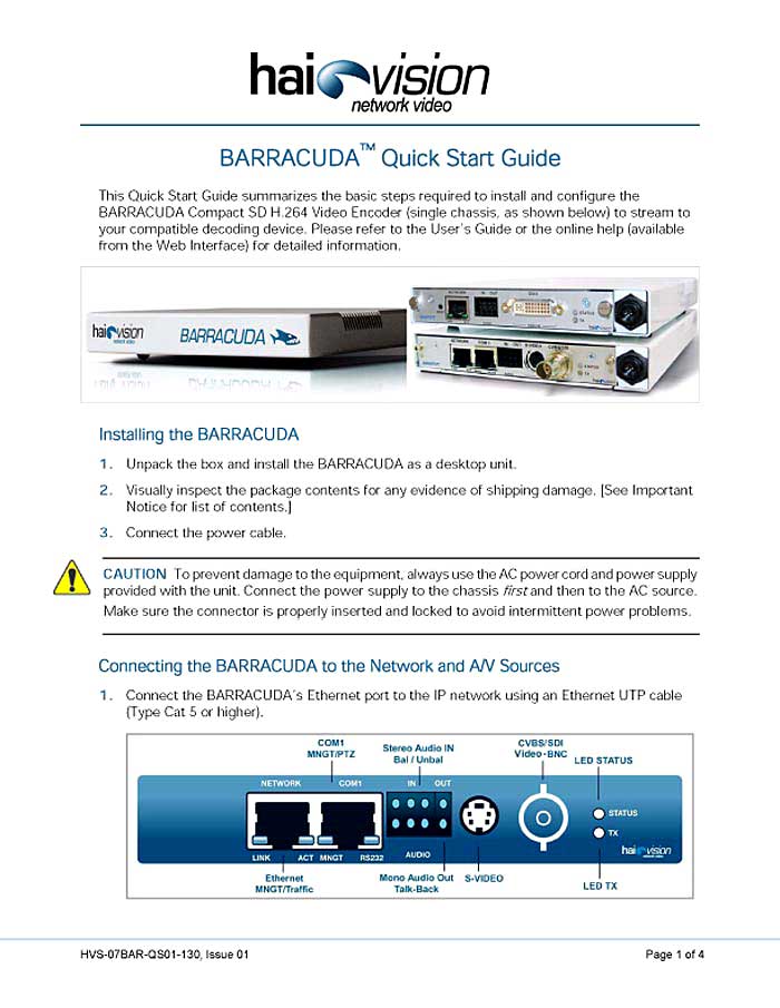HAIVISION BARRACUDA QUICK START GUIDE V.1.3.0 IS.1 (PDF)
