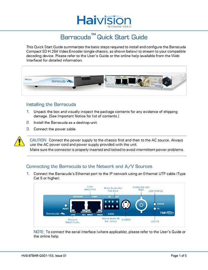HAIVISION BARRACUDA QUICK START GUIDE V.1.5.3 IS.1 (PDF)