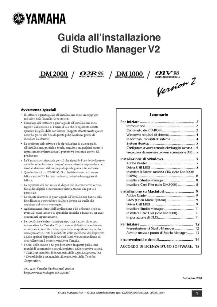YAMAHA STUDIO MANGER V2 GUIDA DI INSTALLAZIONE (PDF)