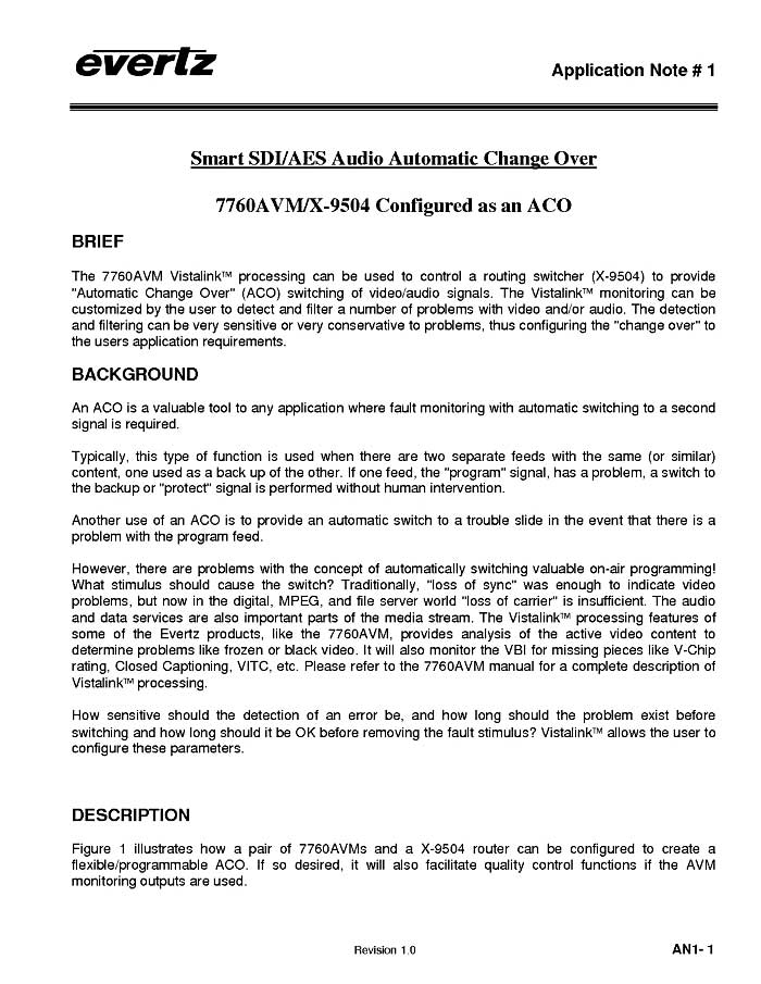 EVERTZ AN001 : SMART SDI/AES AUDIO AUTOMATIC CHANGE OVER